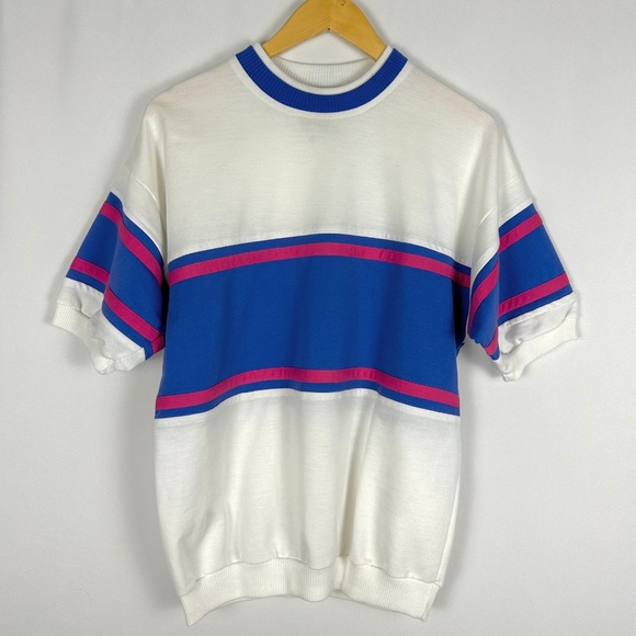 Vintage 1990’s Jordache Jersey Style Oversized Tee Shirt in White • Stripes - M - Picture 1 of 10